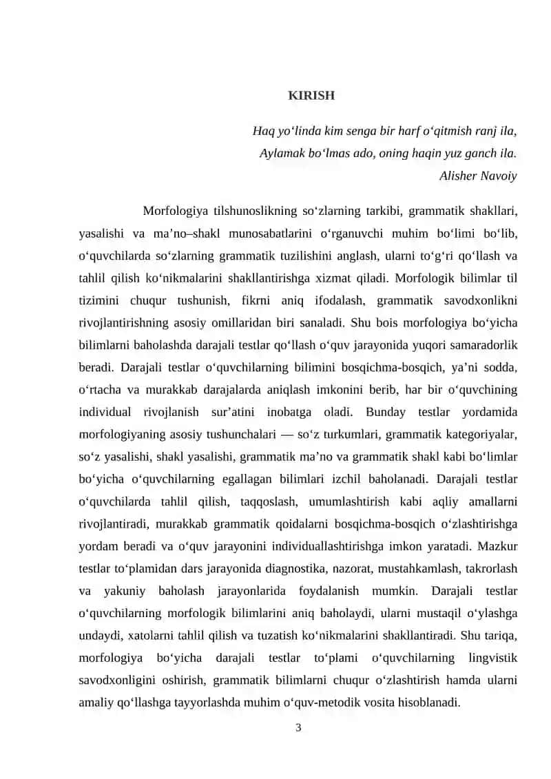 Morfologiya bo'yicha darajali testlar to'plami 3