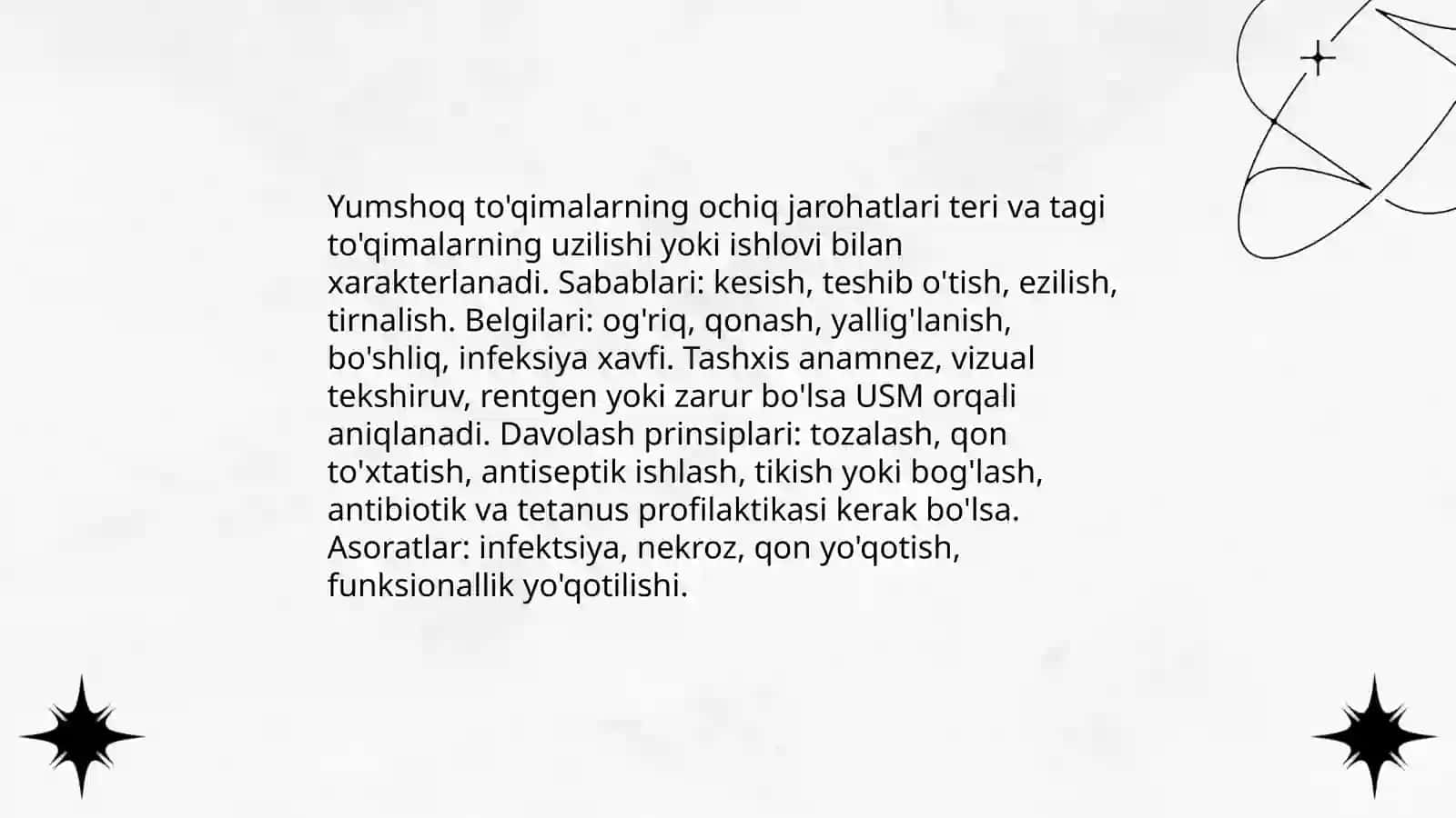 Yumshoq to'qimalar ochiq shikasti (jarohatlar tog'risida ta'lim) Jarohatlar tasnifi.Jarohatning bitishi 3