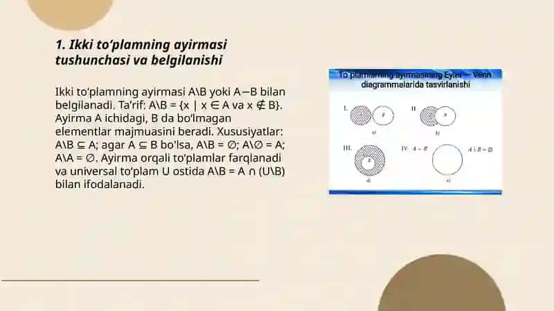 Ikki toʻplamning ayirmasi, universal toʻplamgacha toʻldiruvchi toʻplam 3