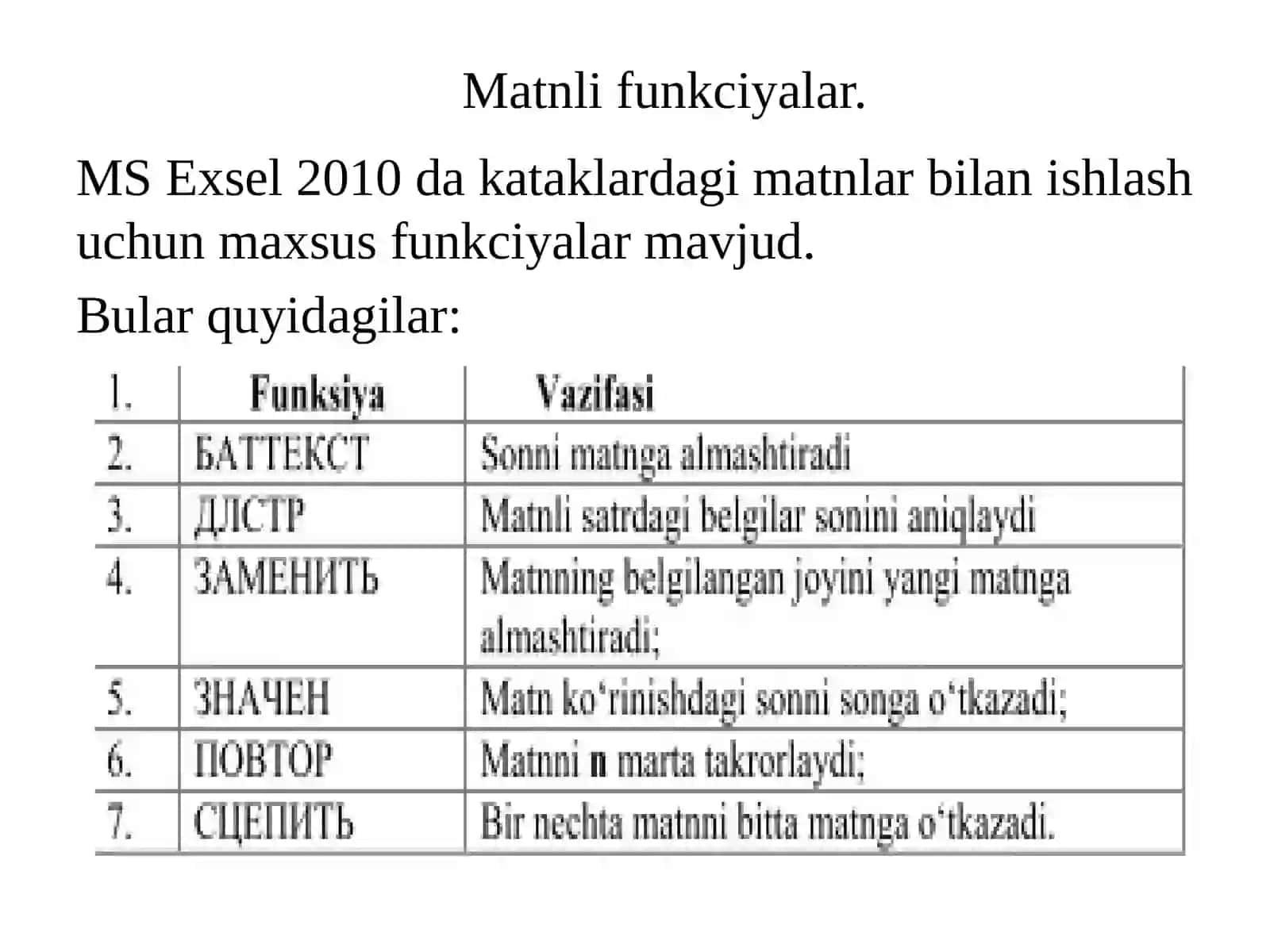 MS Excel 2010 da Matnli va mantiqiy funksiyalar 3
