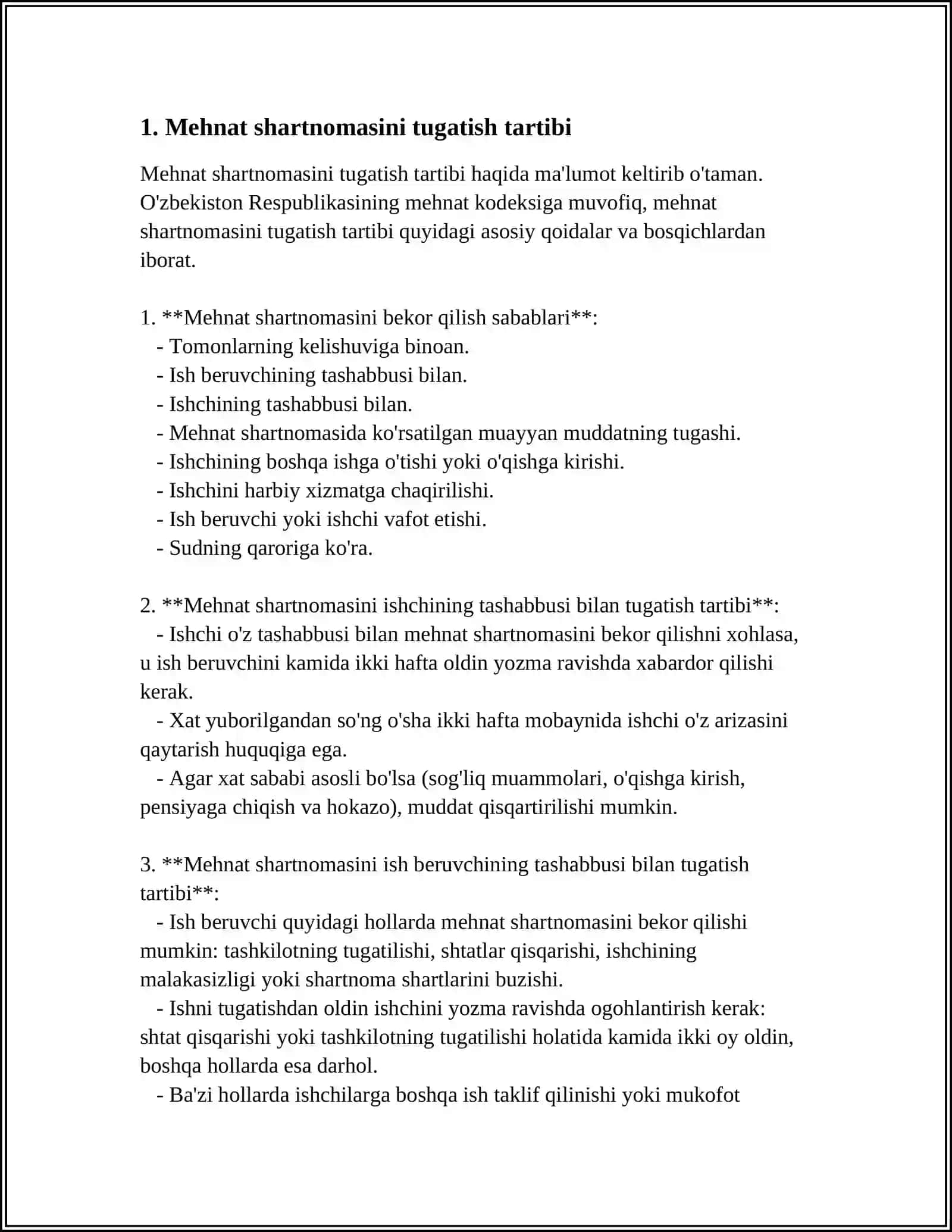 MEHNAT SHARTNOMASINING TARAFLAR IXTIYORIGA BOĢLIQ BÒLMAGAN HOLATLAR BÒYICHA BEKOR QILINISHI 3