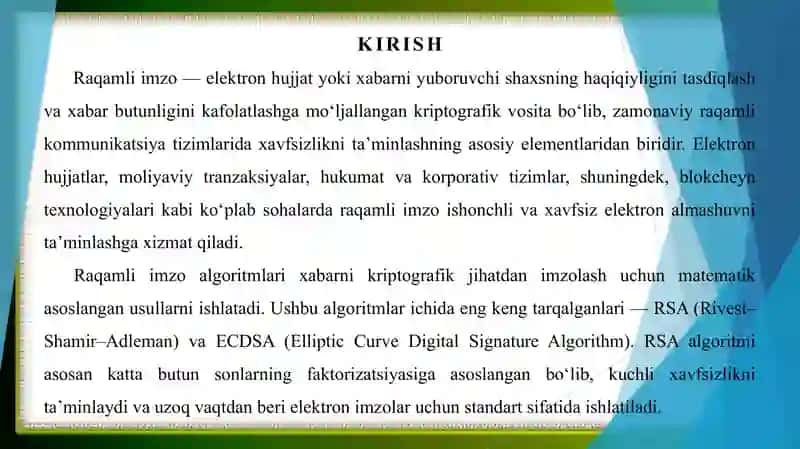 Raqamli imzo algoritmlari (RSA, ECDSA) va ularning qo‘llanilishi 3