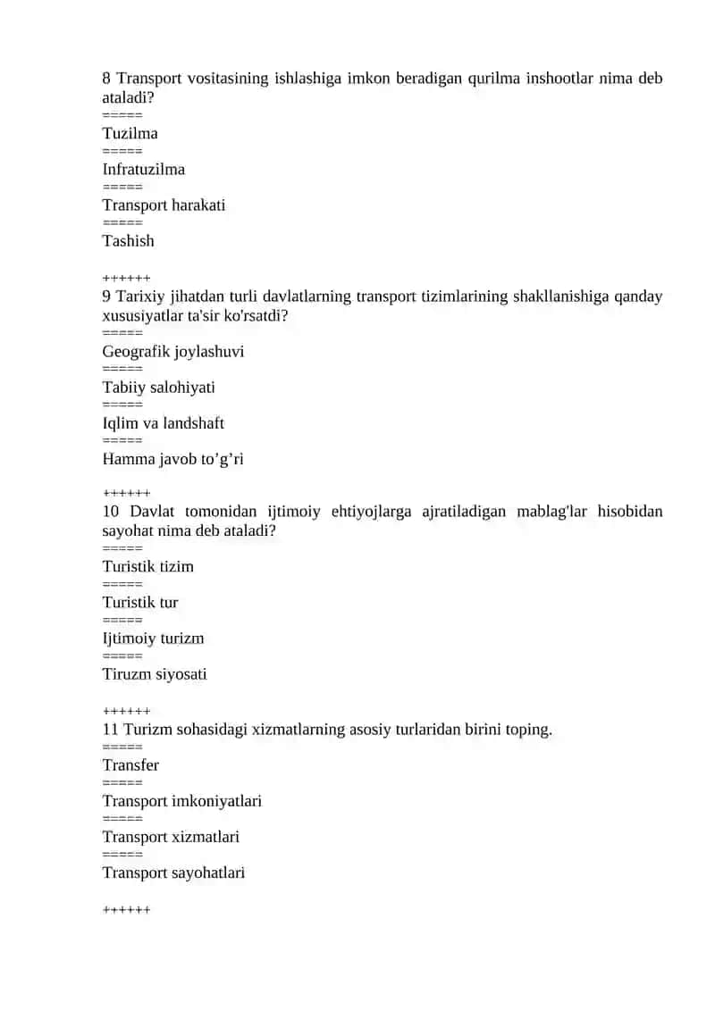 TURIZM TRANSPORTI VA DISTRIBUTSIYASI FANIDAN TEST SAVOLLARI 3