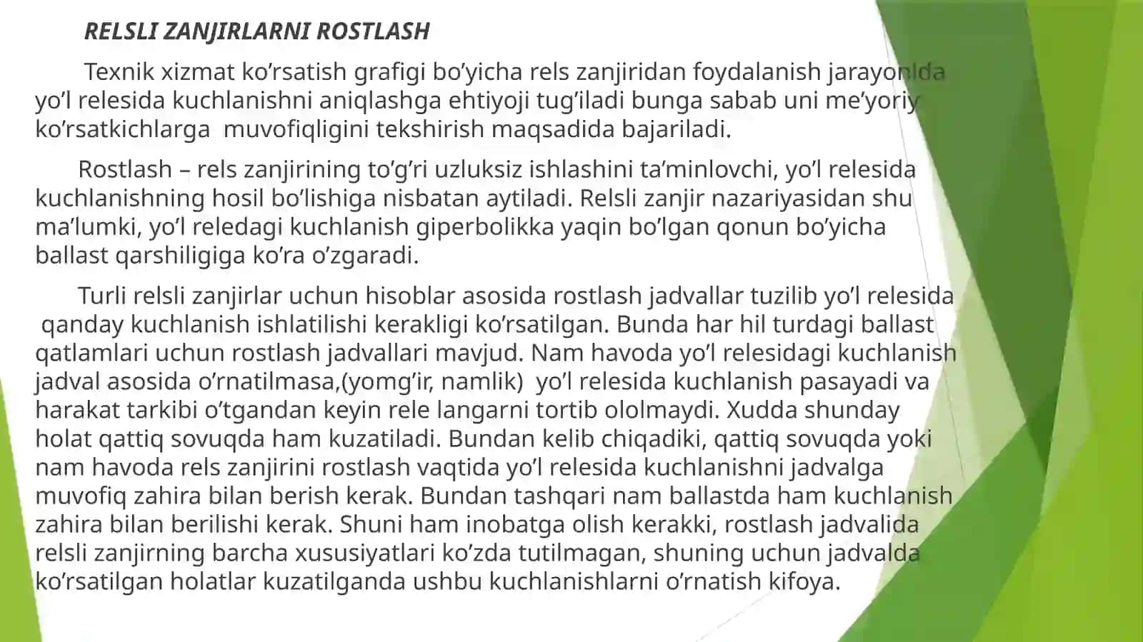 PROFLAKTIKA VA ROSTLASHDAGI RELSLI ZANJIRDA O‘LCHOVLAR 3