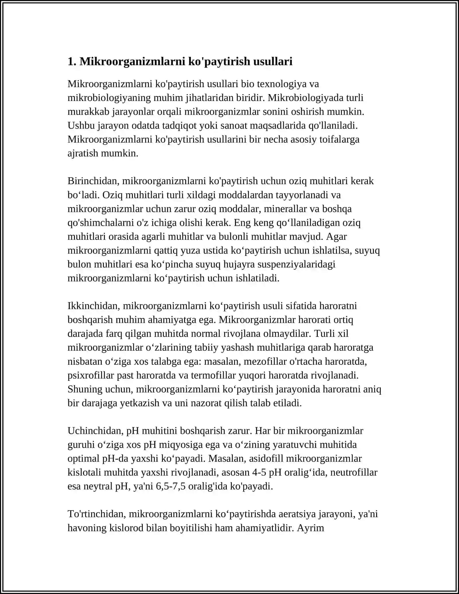 MIKROORGANIZMLARNI KO'PAYTIRISH. MIKROB HUJAYRALARI METOBOLIZMI. SOF KULTURA AJRATISH. OZUQA MUHITLARI TAYYORLASH 3