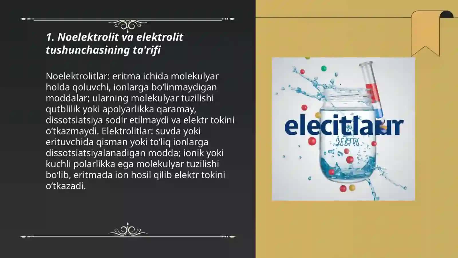Noelektrolit va elektrolit eritmalarning asosiy farqlarini taqqoslang 3