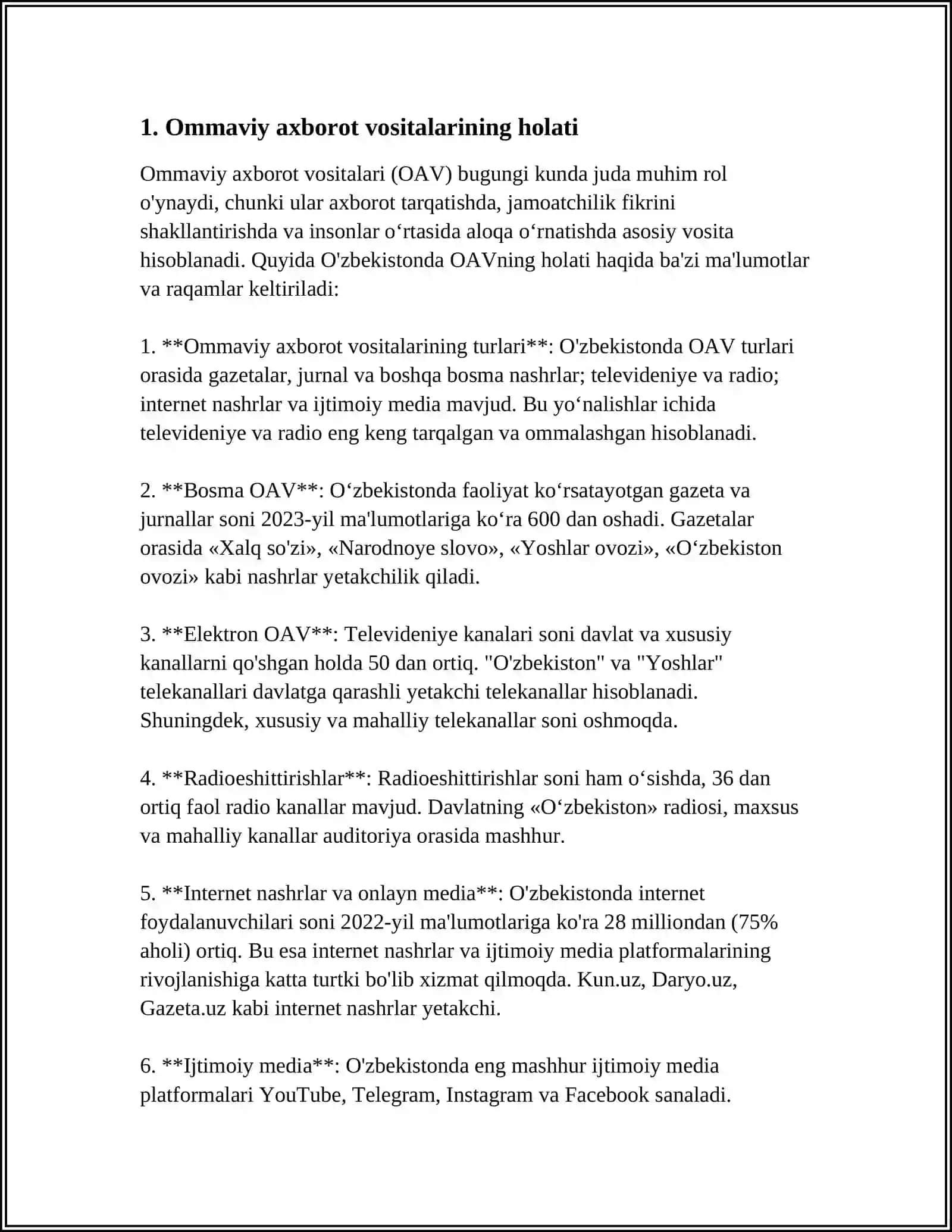 O'ZBEKISTONNING "MATBUOT ERKINLIGI INDEKSI" DAGI O'RNI 3
