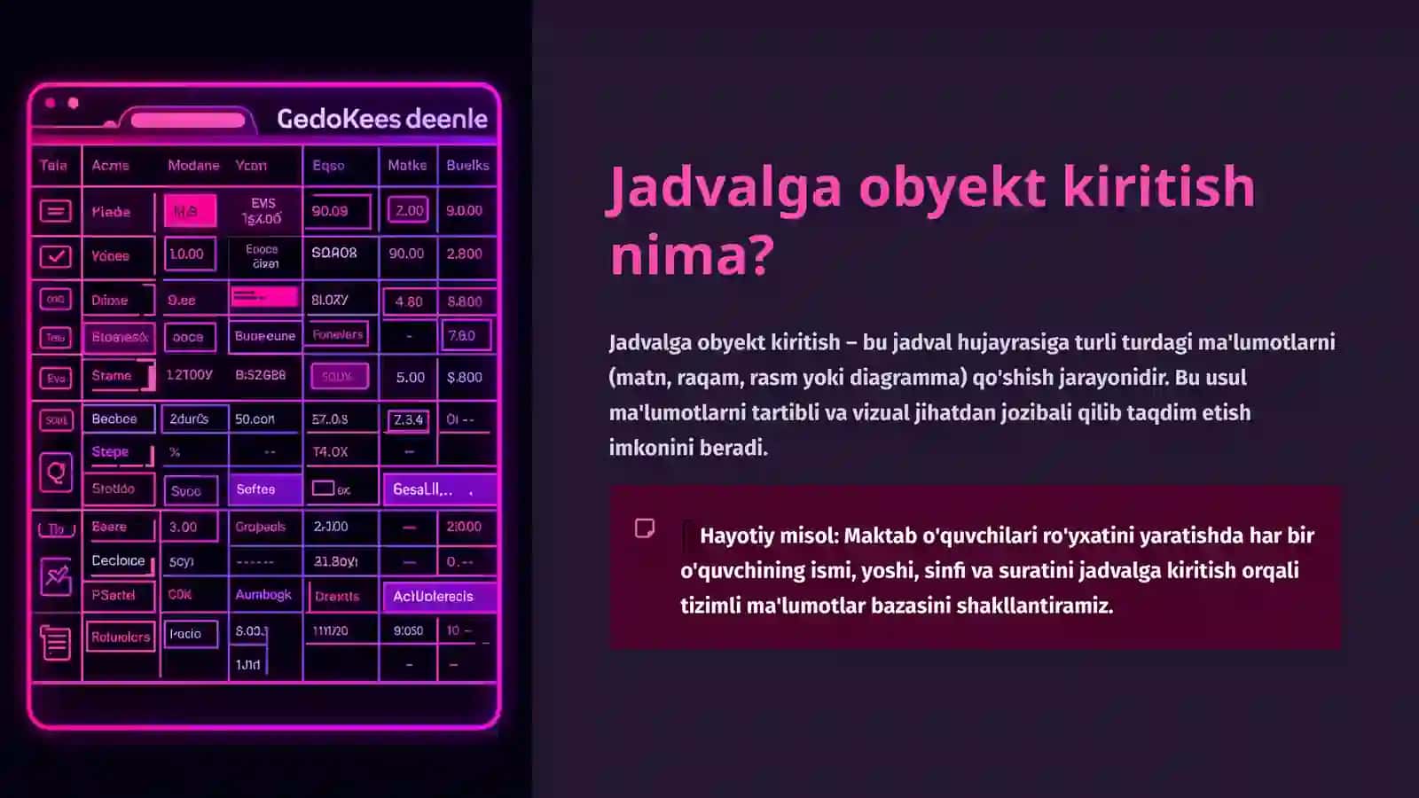 Jadvalga obyekt kiritish 3
