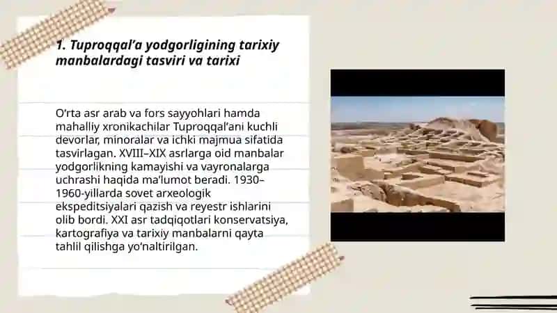 Tuproqqalʼa yodgorligi va uning oʼrganilishi 3