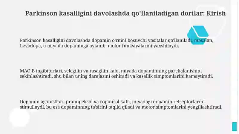 Parkinson kasalligini davolashda ishlatiladigan dori vositalar 3