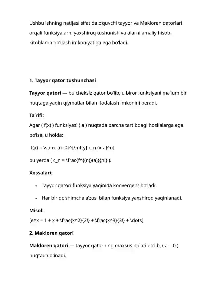 Tayyor va Makloren qatorlari 3