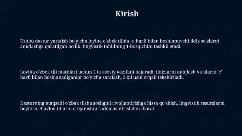 Oʻzbek tilida “E” harfi bilan boshlanuvchi oʻzak soʻzlarni aniqlovchi dastur 3