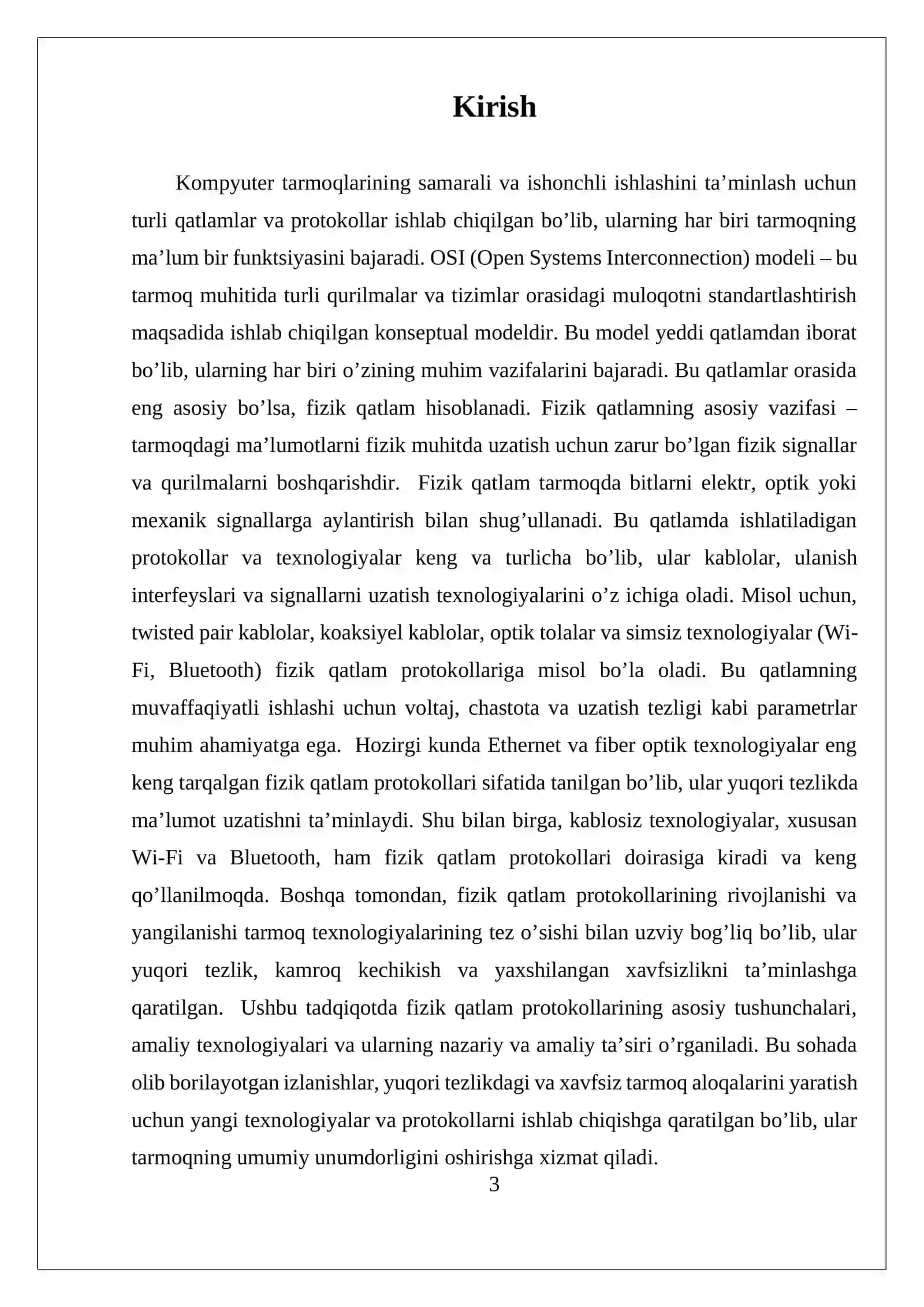 OSI MODELIDA FIZIK SATXI PROTOKOLLARI 3