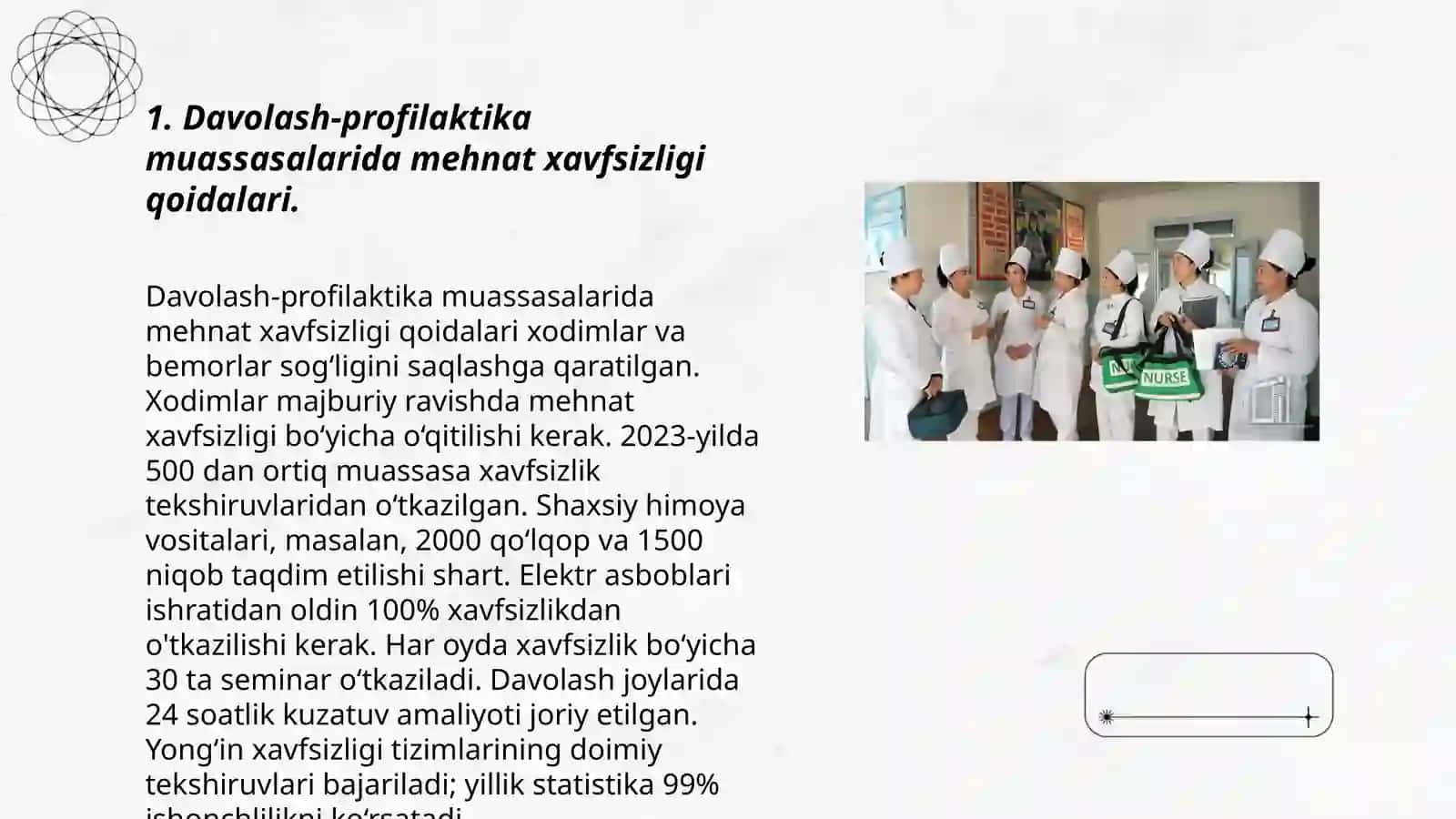 Davolash profilaktika muassasalarida tibbiy xodimlarning salomatligini ta'minlovchi mehnat sharoitlarini tashkil etish 3