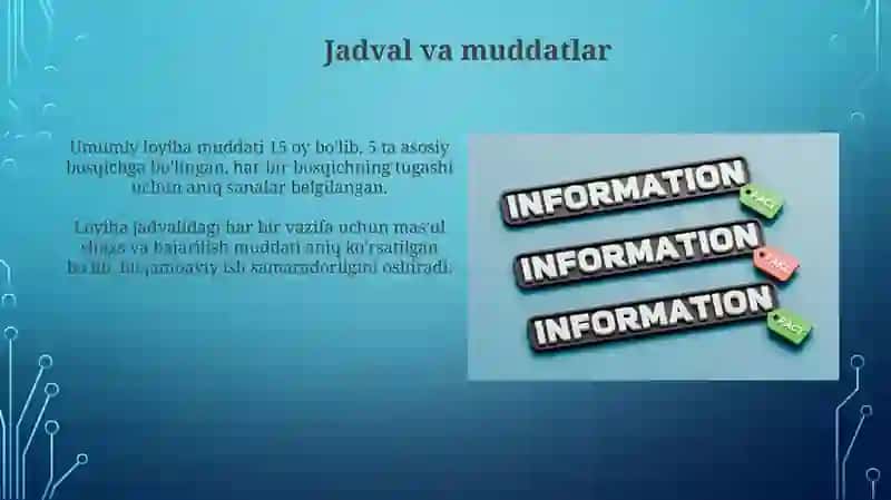 Loyiha ishlari va bosqichlari xaqida malumotlar 3
