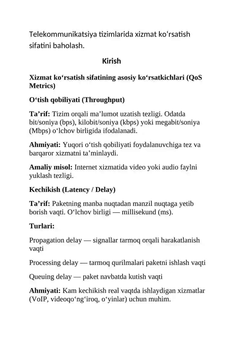 Telekommunikatsiya tizimlarida xizmat ko‘rsatish sifatini baholash 3