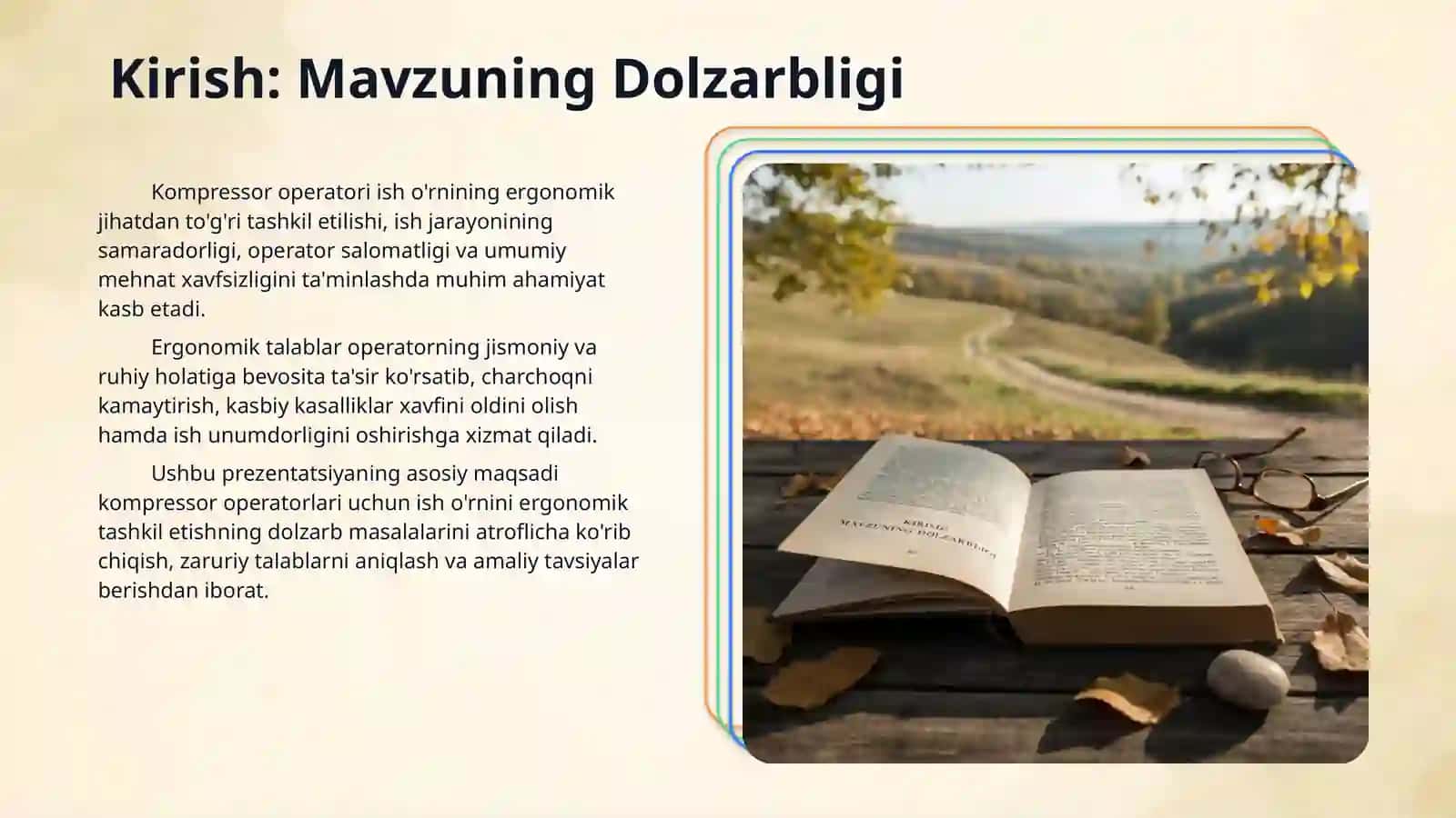 Kompressor operatori ish o'rnining ergonomik tashkil etishga qoyiladigan talablar. 3