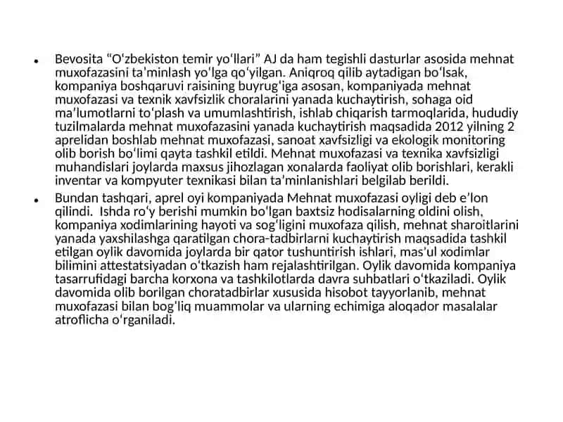 “O‘zbekiston temir yo‘llari” AJ da mehnat muxofazasini ta’minlash 3