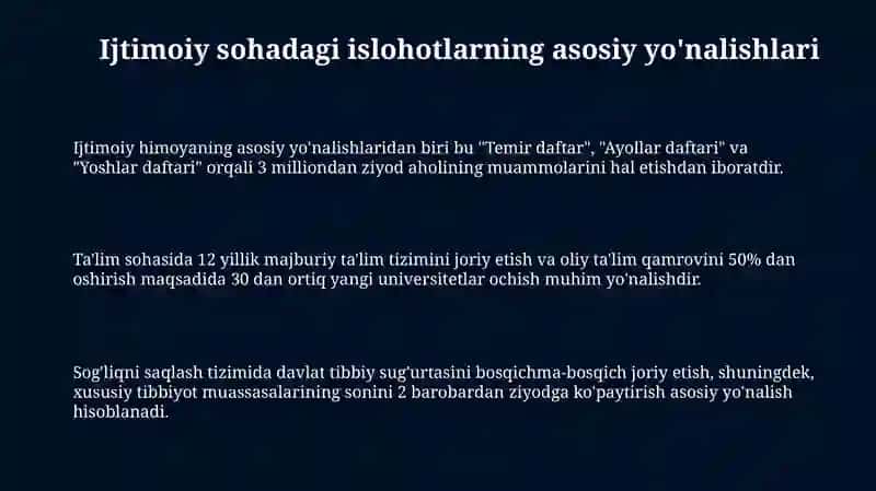 OʻZBEKISTONDA Ichtimoyi sohada amalga oshirilgan islohotlar 3