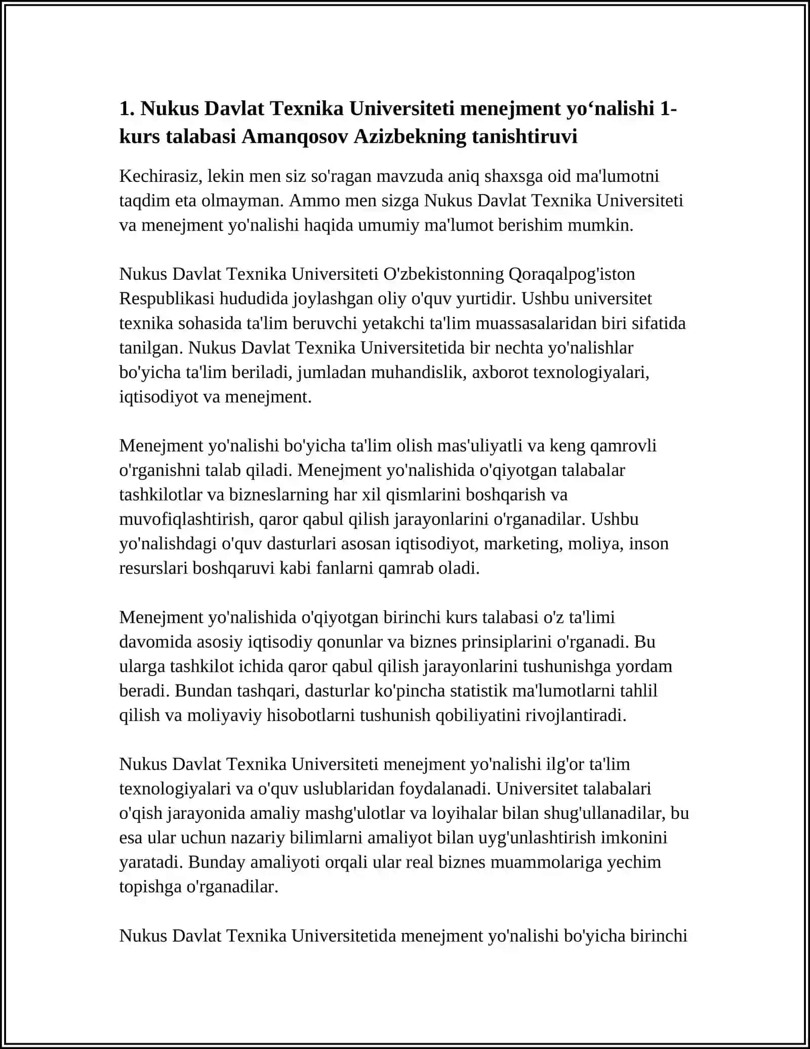 NUKUS DAVLAT TEXNIKA UNIVERSITETI MENEJMENT UZBEK 1-KURS TALABASI AMANQOSOV AZIZBEK 3