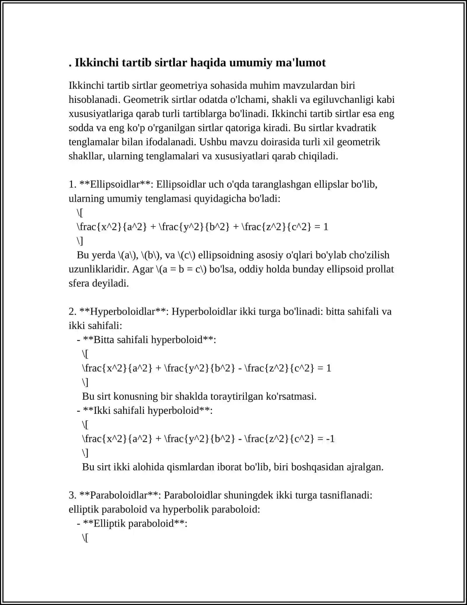 IKKINCHI SIRTLAR ELLIPSOID GIPERBOLOID SHAR PARABOLOID 3