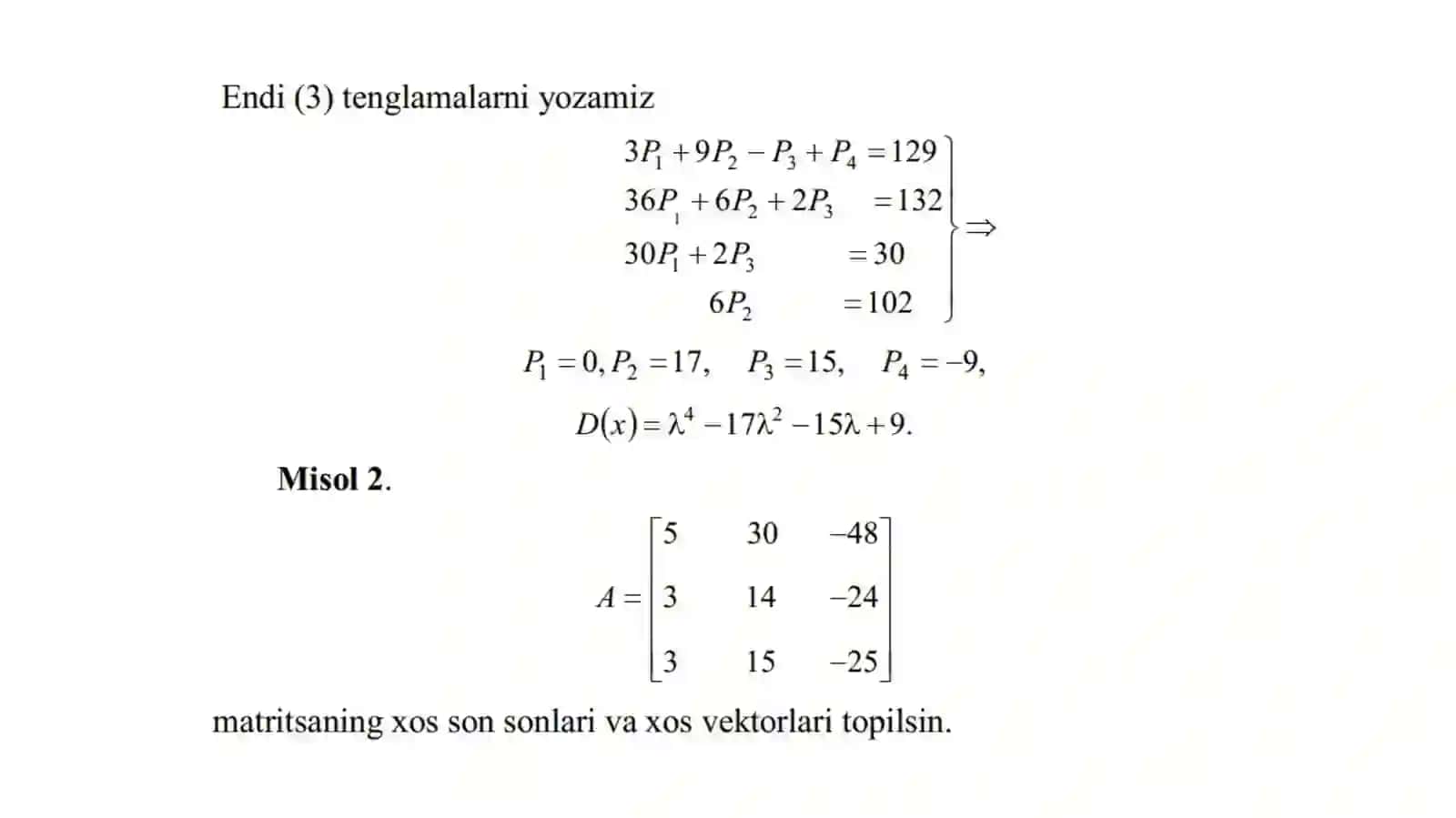 Matrisa xos son va xos qiymatlarini topish 3