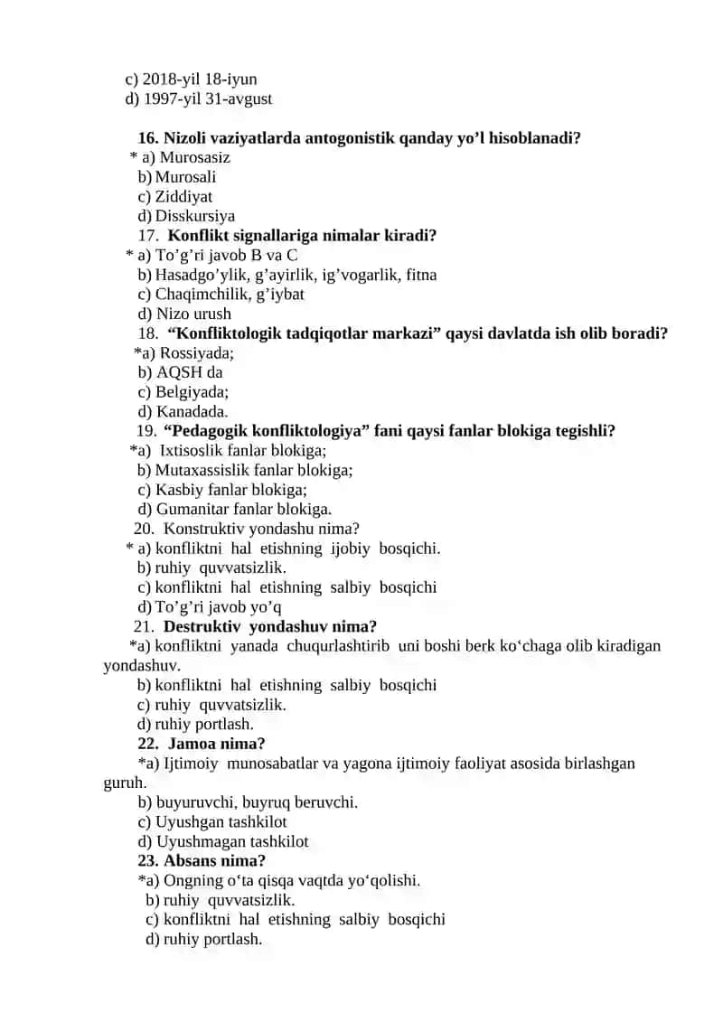 Pedagogik konfliktologiya fanidan Boshlang’ich ta’lim yo’nalishi 3-kurs (sirtqi) talabalari uchun test 3