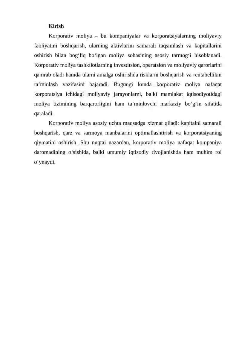 MOLIYA TIZIMINING MARKAZIY BO’G’INI SIFATIDA KORPORATIV MOLIYANING O’RNI 3