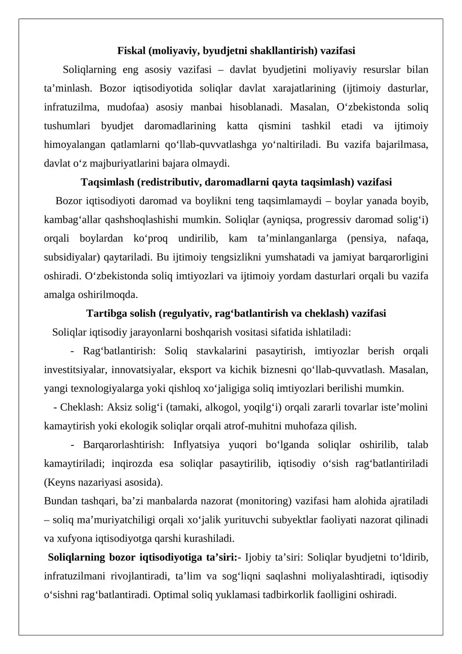 Bozor iqtisodiyoti sharoitida soliqlar va uning vazifalari 3