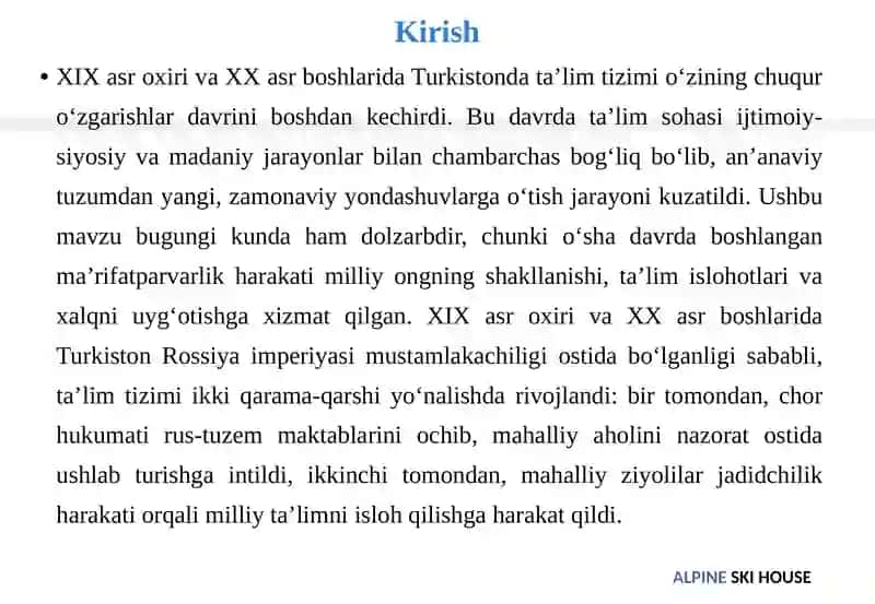 Ta'limning XIX asr oxirida va XX asr boshlarida rivojlanishi (Turkiston) 3
