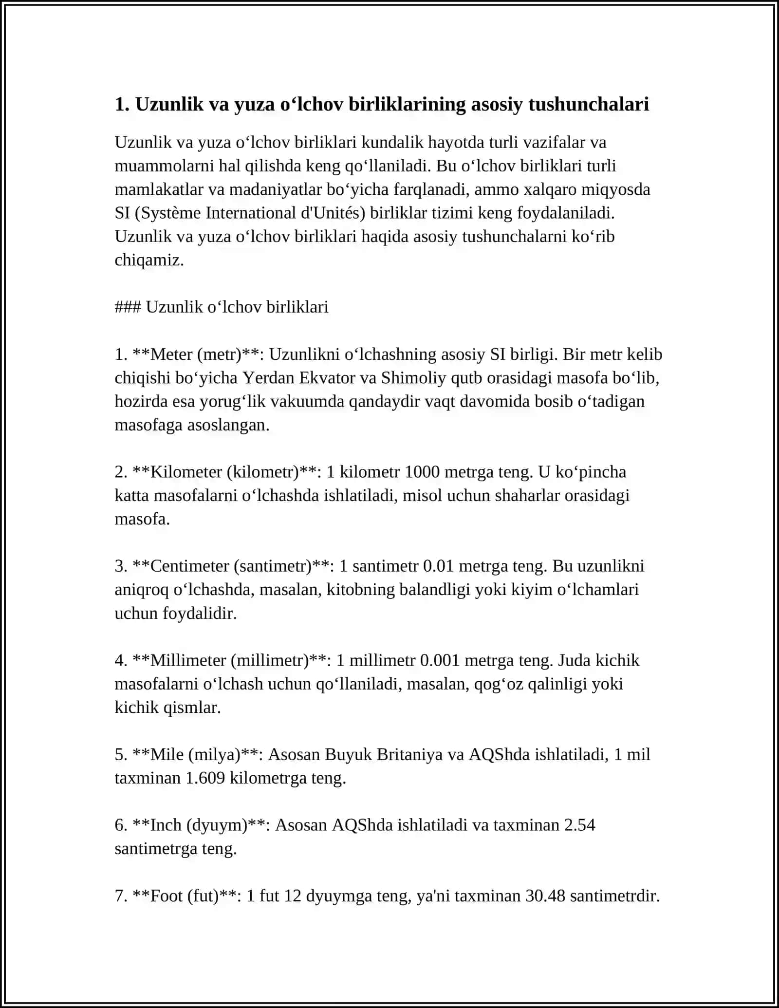 UZUNLIK VA YUZA O'LCHOV BIRLIKLA 3