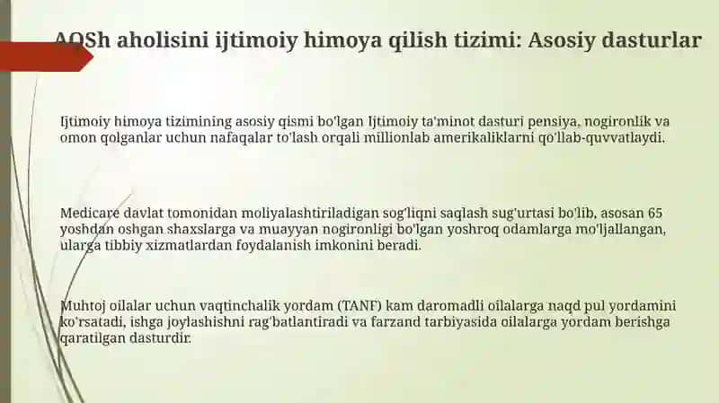 AQSH aholisini ijtimoiy himoya qilish tizimi: Asosiy dasturlar 3