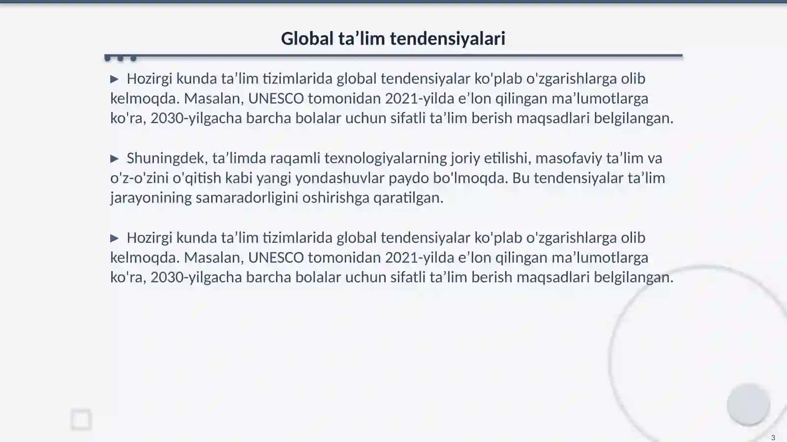 Taʼlim sohasi rivojlanish xususiyatlari 3
