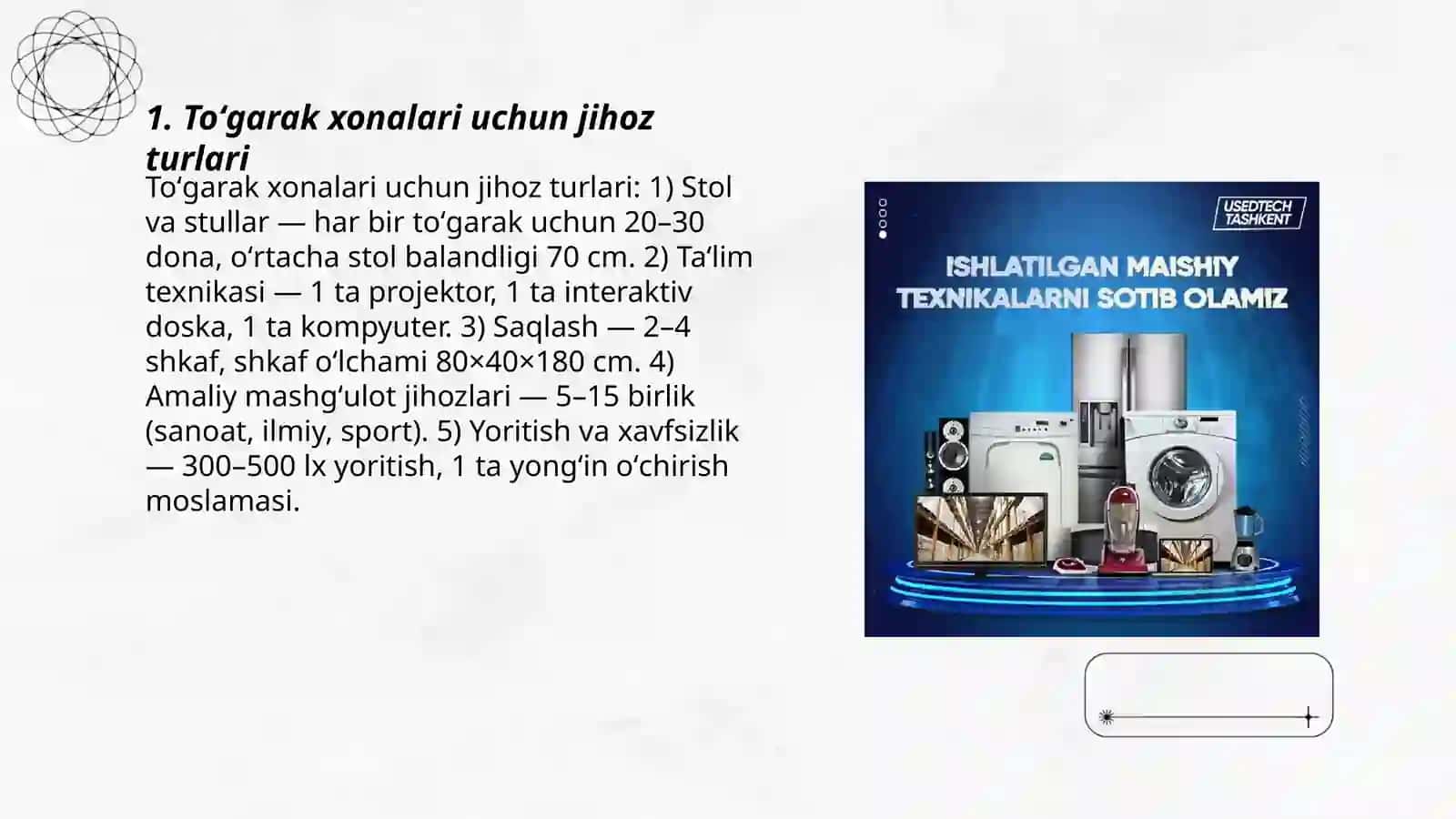 Toʻgarak xonalarini jihozlash. Moddiy texnika taminotini oʻrganish 3