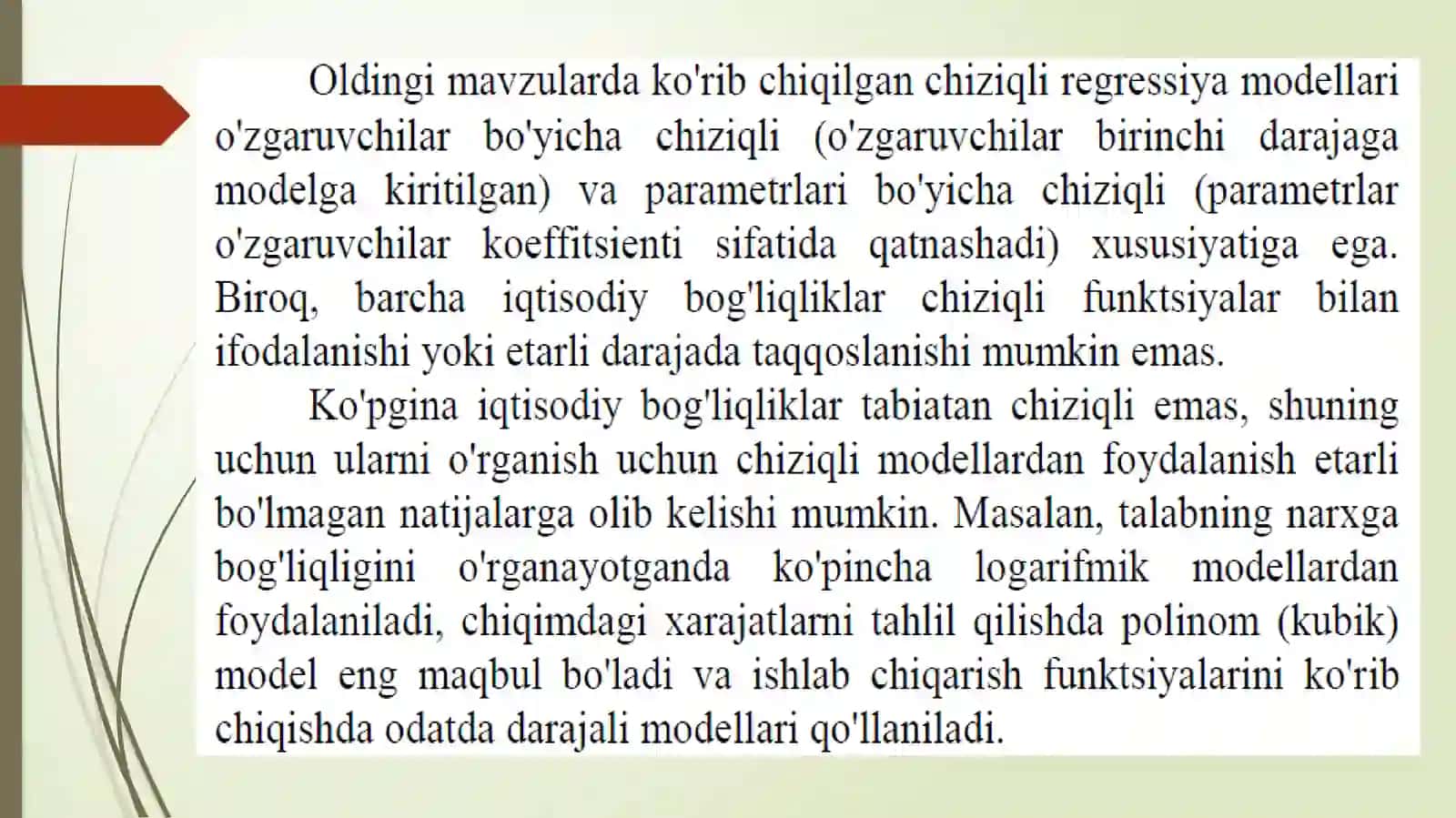 Chiziqsiz regressiya. Ko‘p omilli ekonometrik tahlil. Regressiyaning xususiy tenglamasi. Ekonometrik modellarni baholash 3
