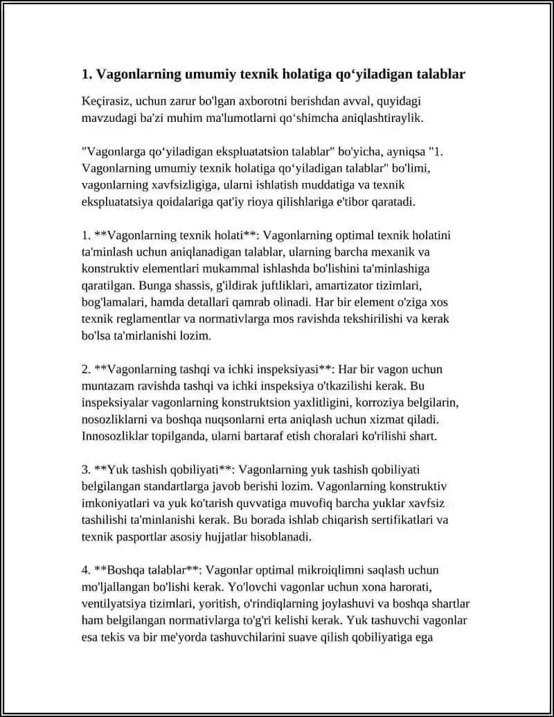 VAGONLARGA QOʻYILADIGAN EKSPLUATATSION TALABLAR 3