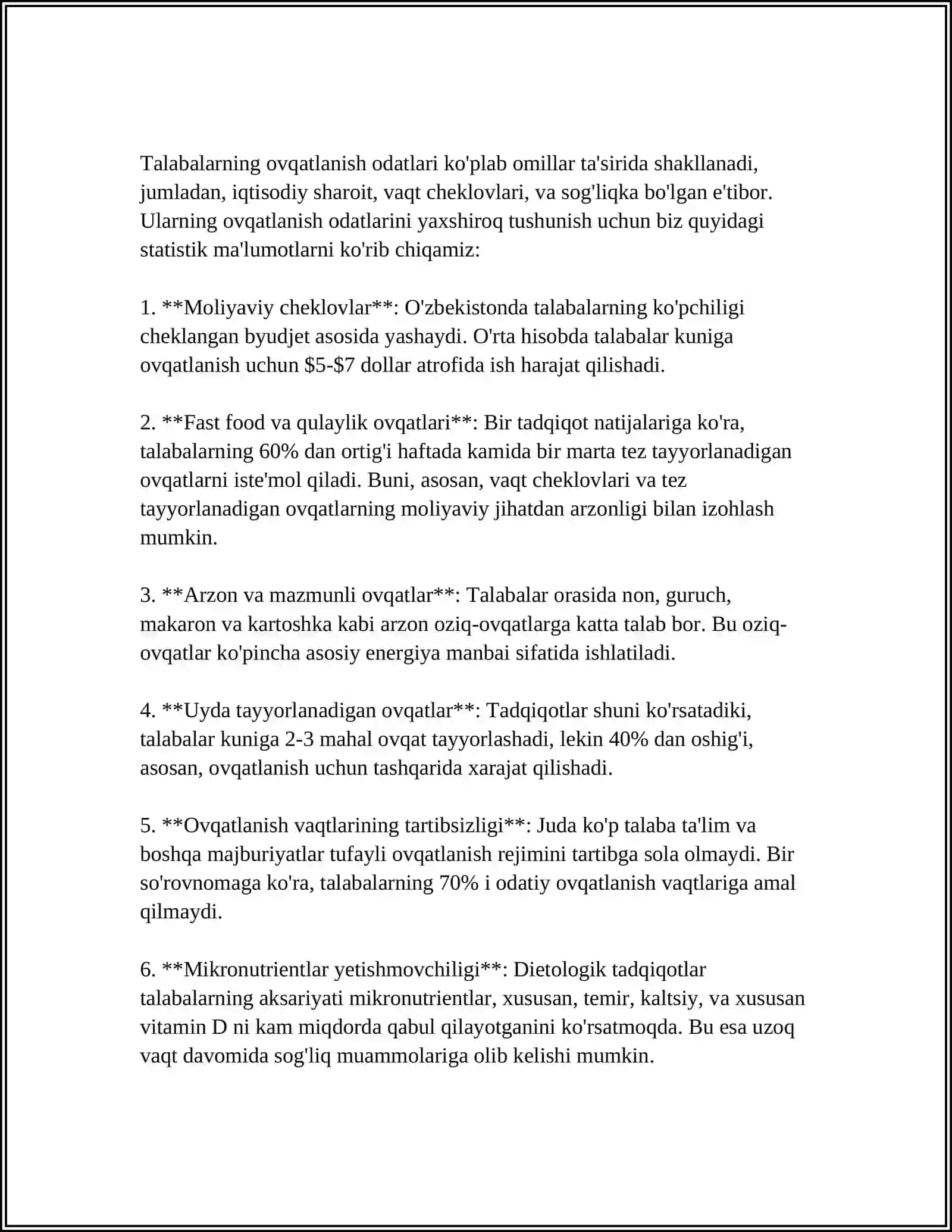 TALABALARNING OVQATLANISHINI ADEKVANTLIGINI OʻRGANISH VA BAHOLASH 3