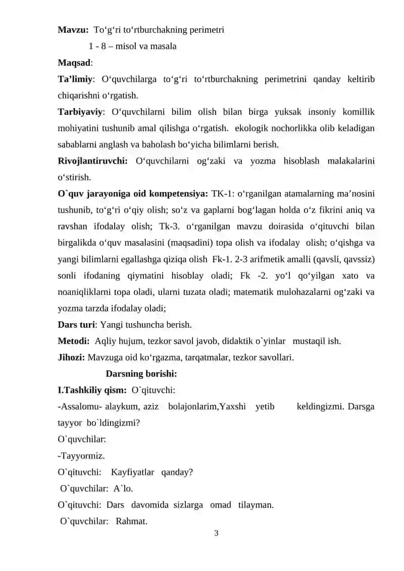 Matematika fanidan Darsning texnologik xaritasi 3