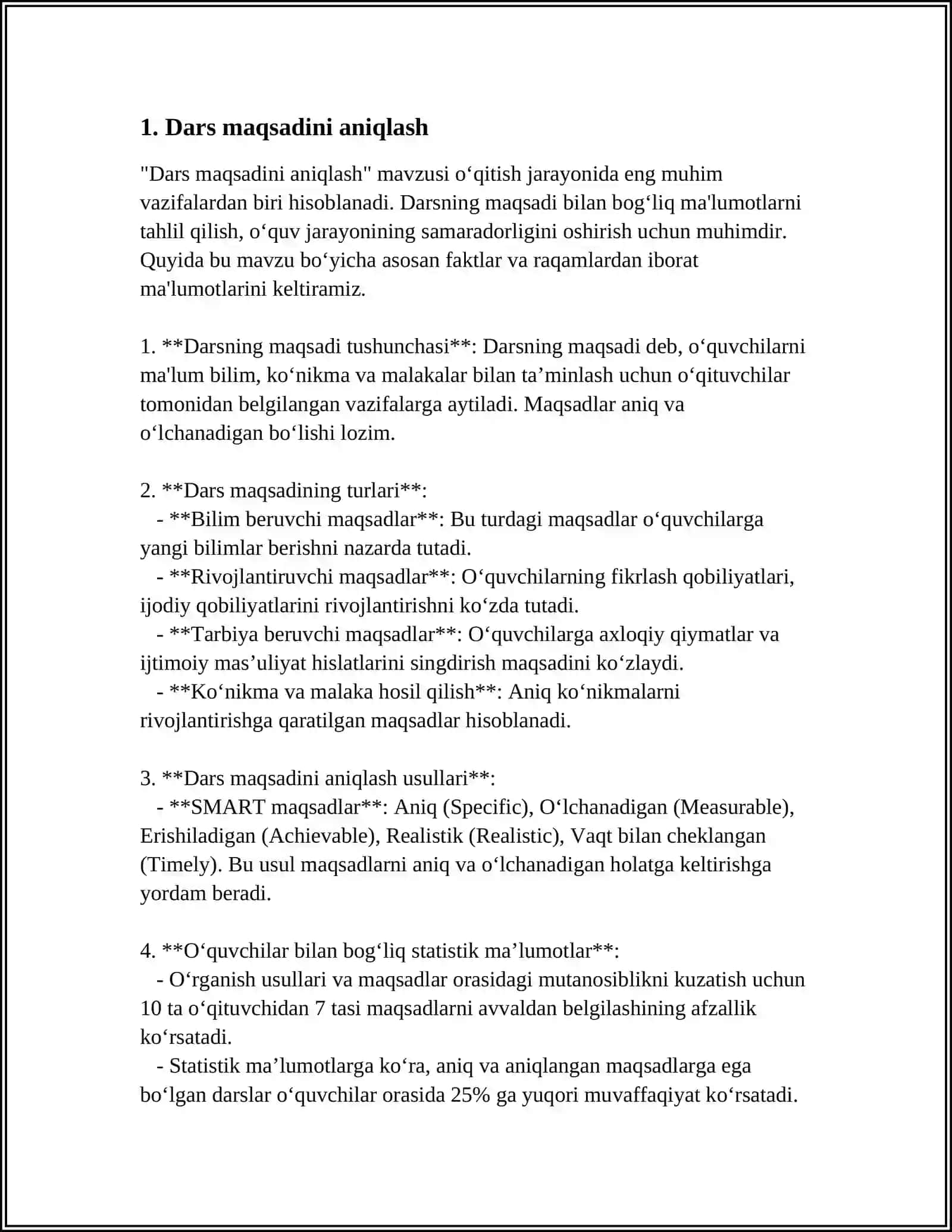 DARSNI TASHKIL QILISHGA TAYYORLIK, BIR SOATLIK DARS REJA KONSPEKTINI TAYYORLASH 3