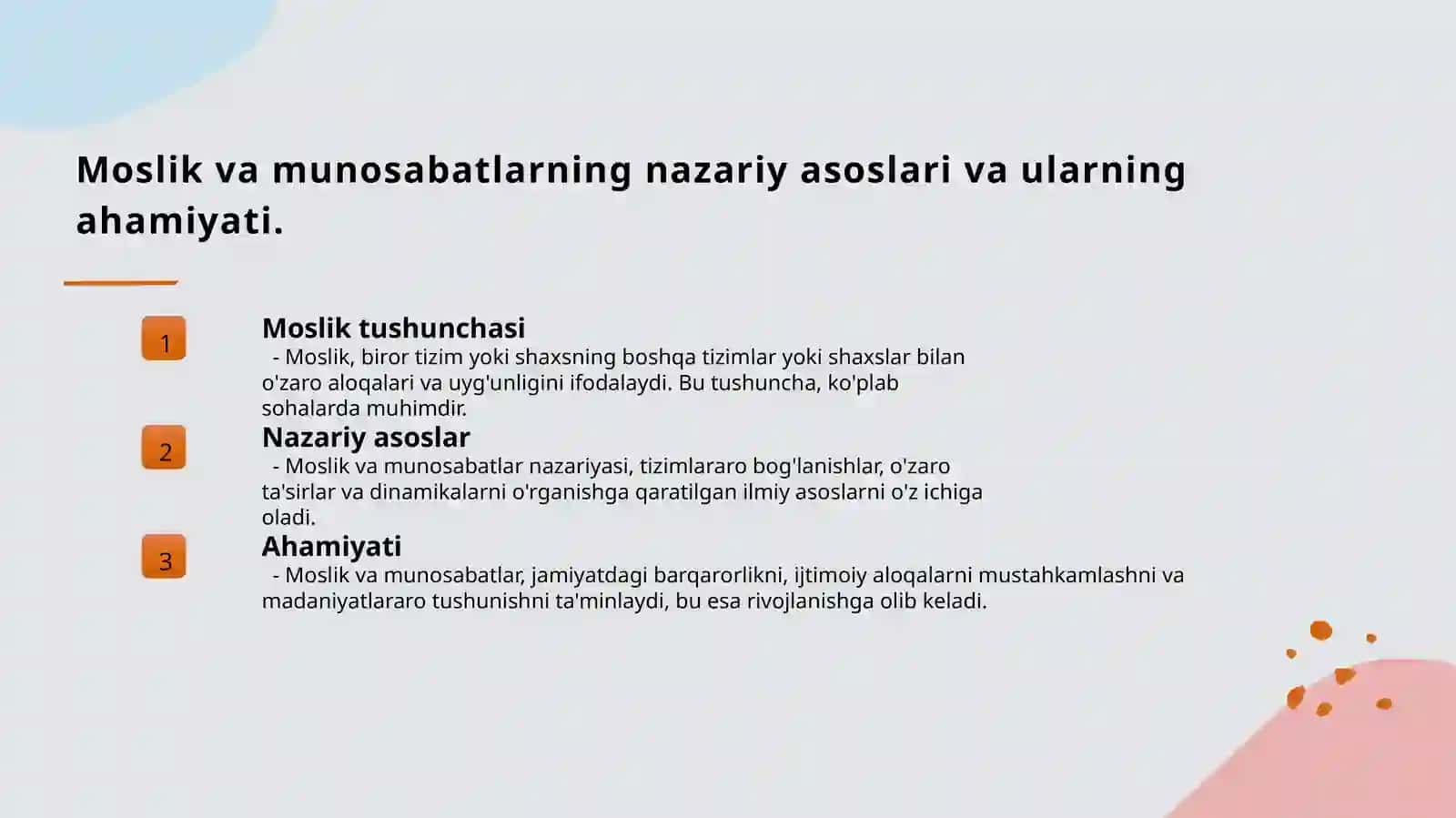 Moslik va munosabatga oid misollar 3