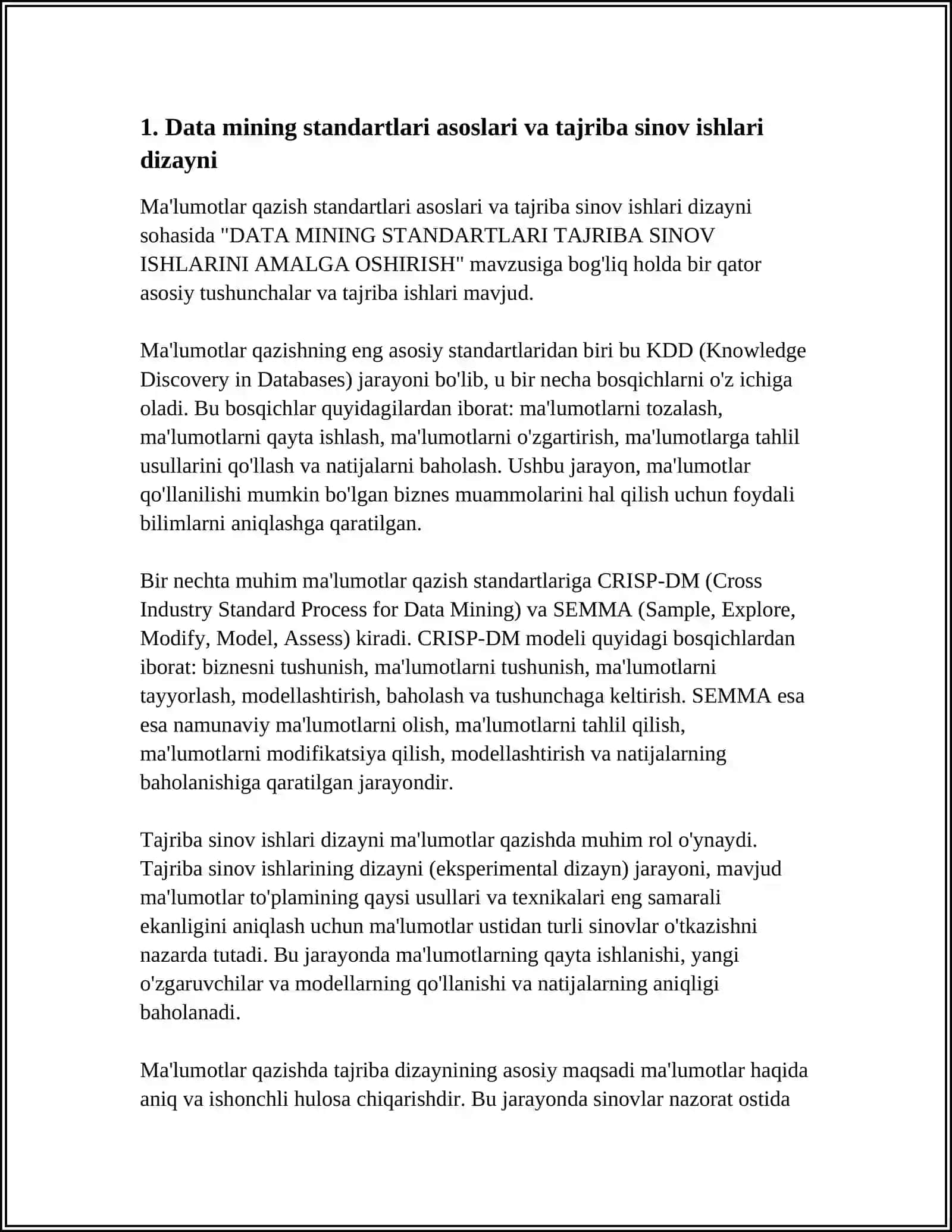 DATA MINING STANDARTLARI TAJRIBA SINOV ISHLARINI AMALGA OSHIRISH 3