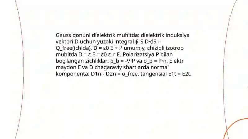 Elektrostatik maydondagi dielektriklar va o'tkazgichlar 3