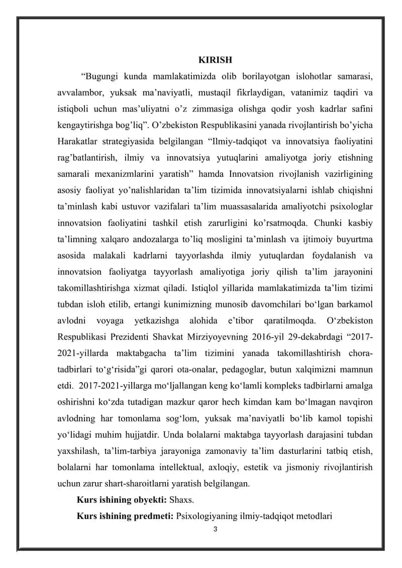 PSIXOLOGIK DIAGNOSTIKA FAOLIYATINING TALABLARI VA VAZIFALARI mavzusida tayyor kurs ishi 3