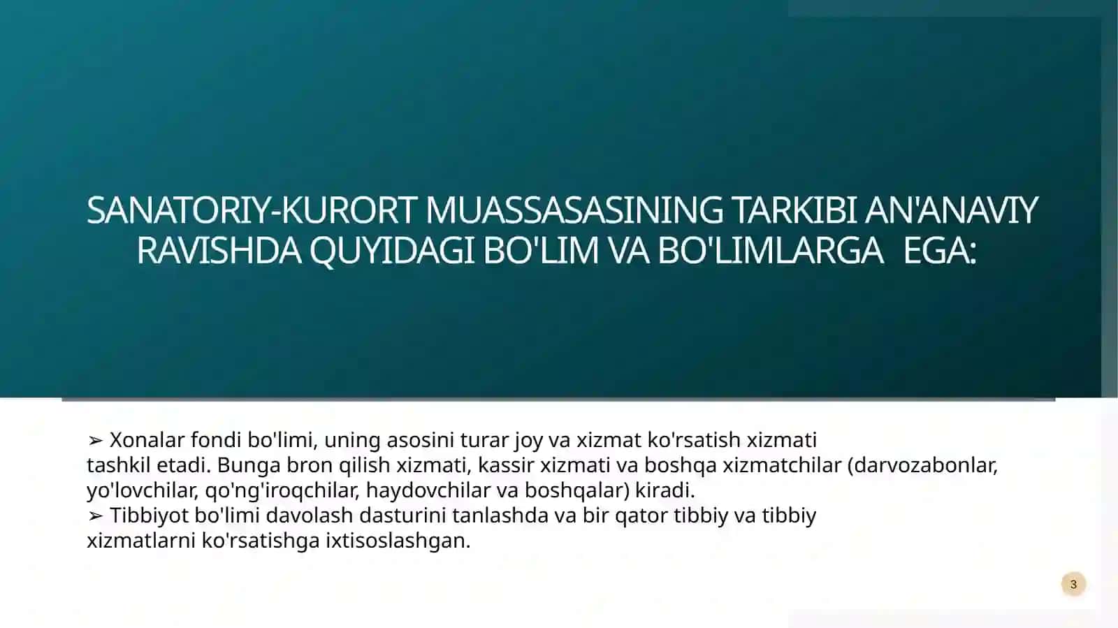 Sanatoriy-kurort korxonalari faoliyat yuritishida mehnat resurslar bilan ta’minlanganligi 3