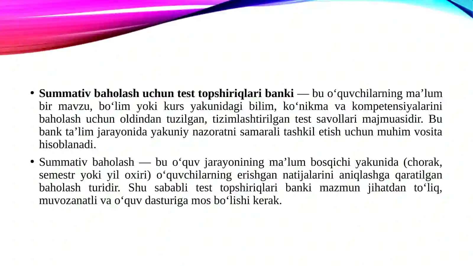 Summativ baholash uchun test topshiriqlari banki 3
