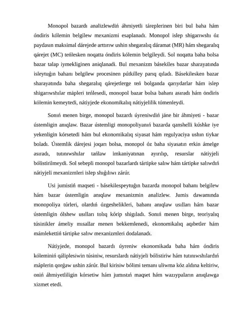 Basekilespegen bazarda monopoliyalıq bahanı hám bazar hákimiyatın anıqlaw 3