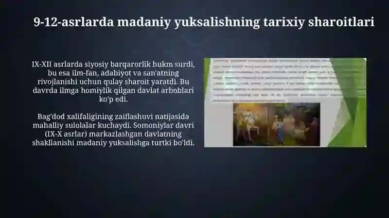 9-12 asrlarda mamlakatimiz hududida roʻy bergan madaniy uygʻonish 3