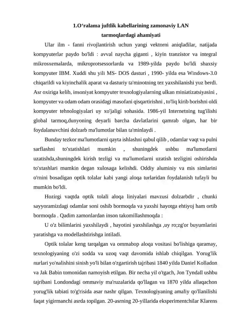 KABELLAR TURLARI (O‘RALAMA JUFTLIK, KOAKSIAL KABEL, OPTIK TOLALI KABEL) 3