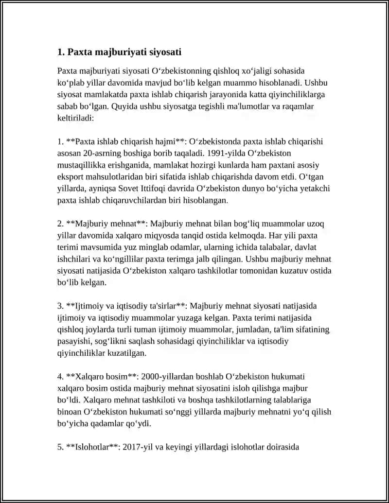 REFERAT Mavzu: 1990-YILLARDA PAXTA ISHI 3