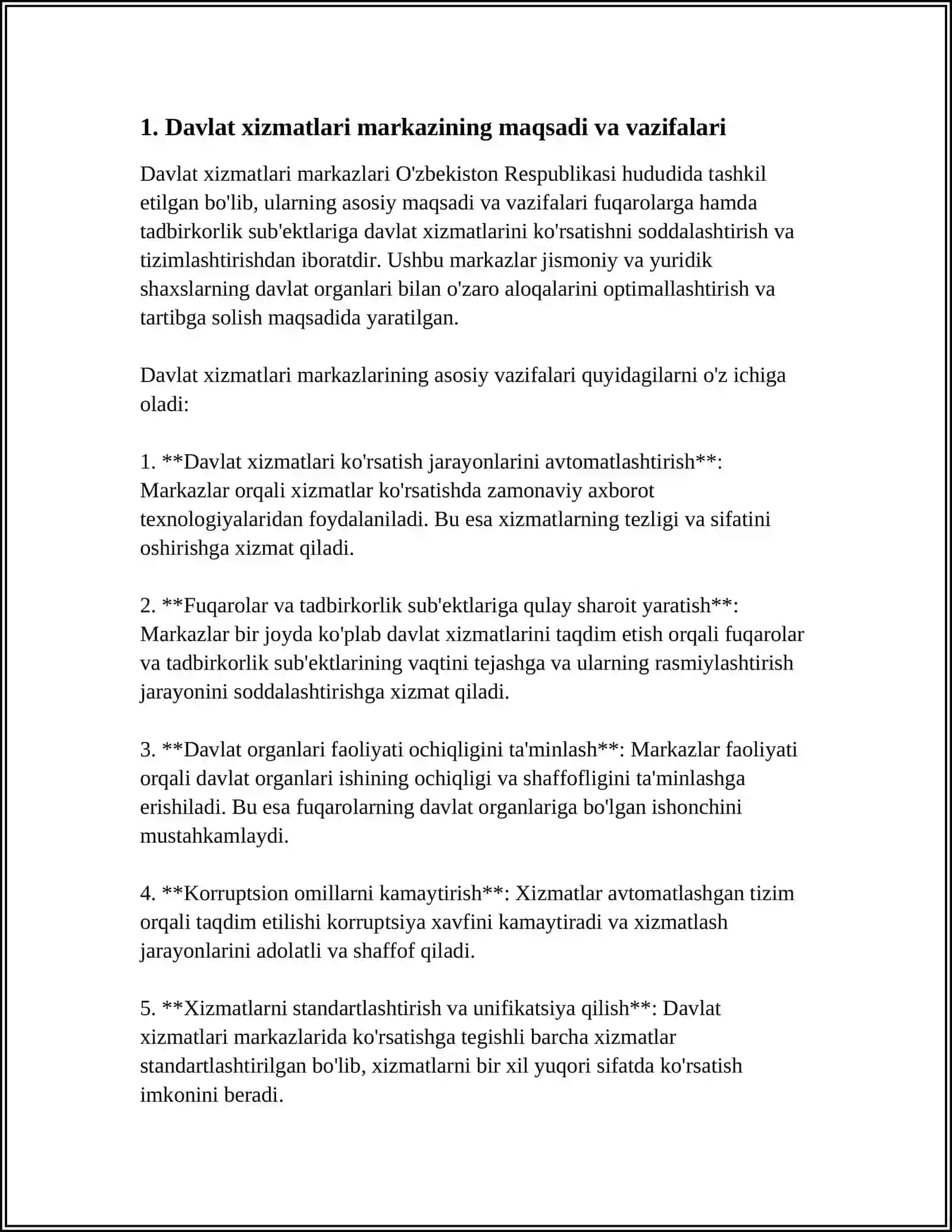 DAVLAT XIZMATLARI MARKAZI ISH FAOLIYATI, XIZMAT TURLARI VA BAJARADIGAN VAZIFALARI HAQIDA TO’LIQ MA’LUMOT 3